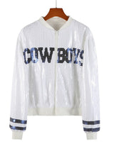 Autumn High Quality Letter Streetwear Sequined Long Sleeve Round Neck Loose Jacket Women Hip Hop Night Club Patchwork Coats One Size